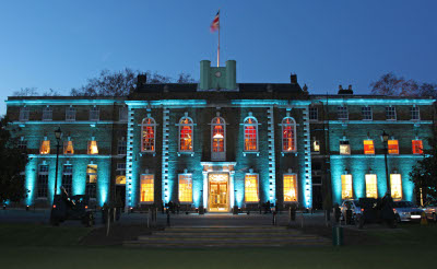 Armoury House, lit up blue at night